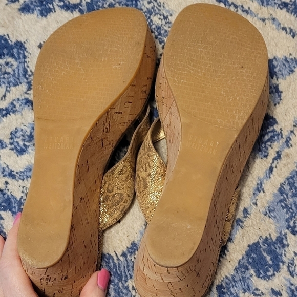 Stuart Weitzman Clasp Tan Nairobi Leather Cork Wedge Thong Sandals  sz 9 SH308 - Picture 6 of 6